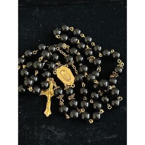 Vintage Lourdes Rosary Black Glass Beads Gold Tone Crucifix Catholic Prayer
